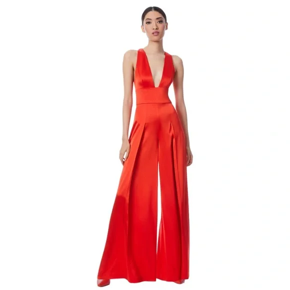 NWT!! Alice + Olivia Myrtle Deep V-Neck Wide Leg Jumpsuit  Chili Pepper Red - 8 - Picture 3 of 15